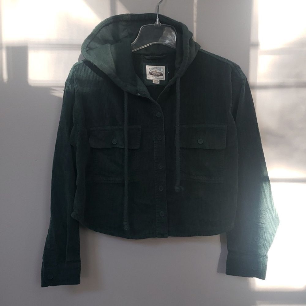 American Eagle Oversized Ribbed Corduroy Crop Hoodie Womens sz S Dark Green